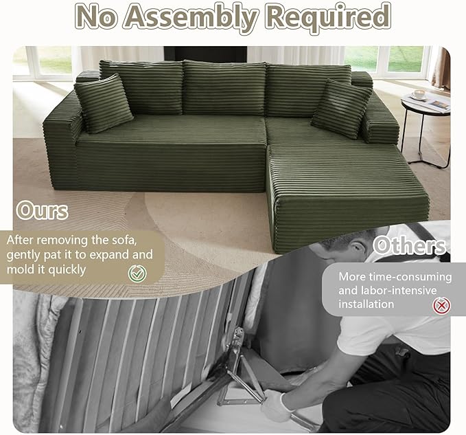 103 Cloud Sectional Couch with Chaise Lounge L Shaped Modular Modern Sofa Comfy Corduroy Fluffy Sofa with Deep Seat No Assembly Required Foam Couch for Living Room(Green Right Facing Chaise)