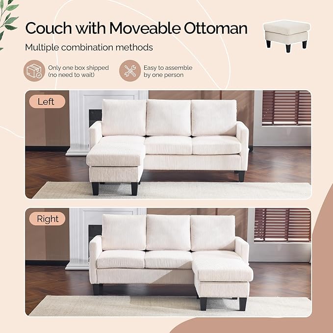 VINGLI 68.5' L Shaped Couch with Movable Storage Ottoman Convertible Sectional Sofa in Soft Corduroy Fabric Modern Reversible Chaise Couch for Small Spaces Apartment Living RoomCream White