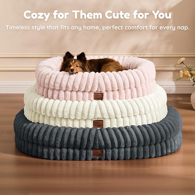 XL Dog Bed - Luxury Striped Faux Fur Waterproof Pet Couch with Removable Washable Cover Orthopedic Dog Bed with Bolster Sides for Sleeping Pink