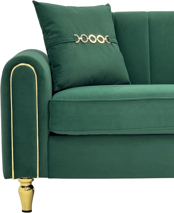 87.5 Modern 3-Seater Velvet Couch with Metal Legs &amp Decorative Pillows High Resilience Sponge Spring Seat Luxury Sectional Loveseat Sofa for Living Room Apartment Small Space Green