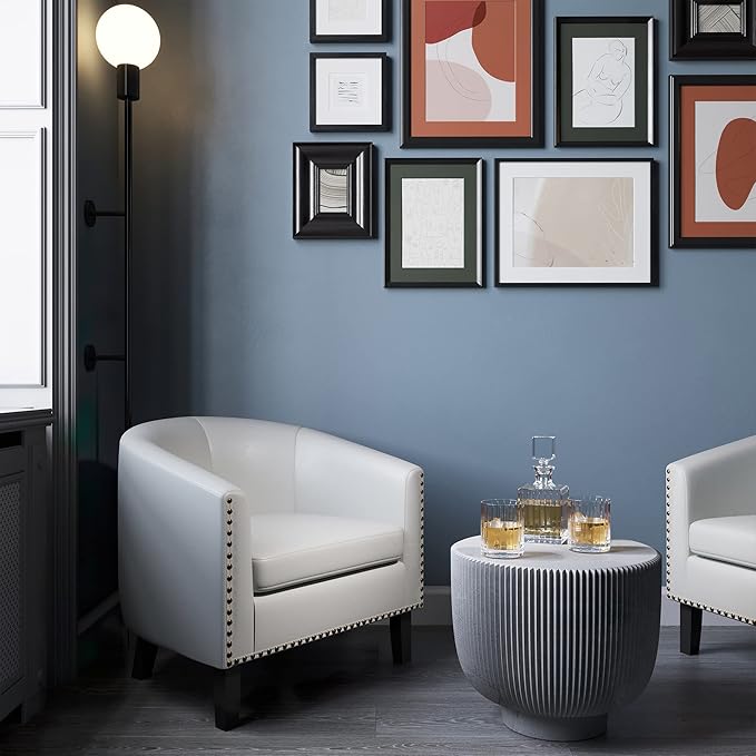 BELLEZE Accent Barrel Chair Modern Tub Club Chair Upholstered Armchair for Living Room Faux Leather Chair with Gold Nail Head Trim Black Legs - Kyara (White)