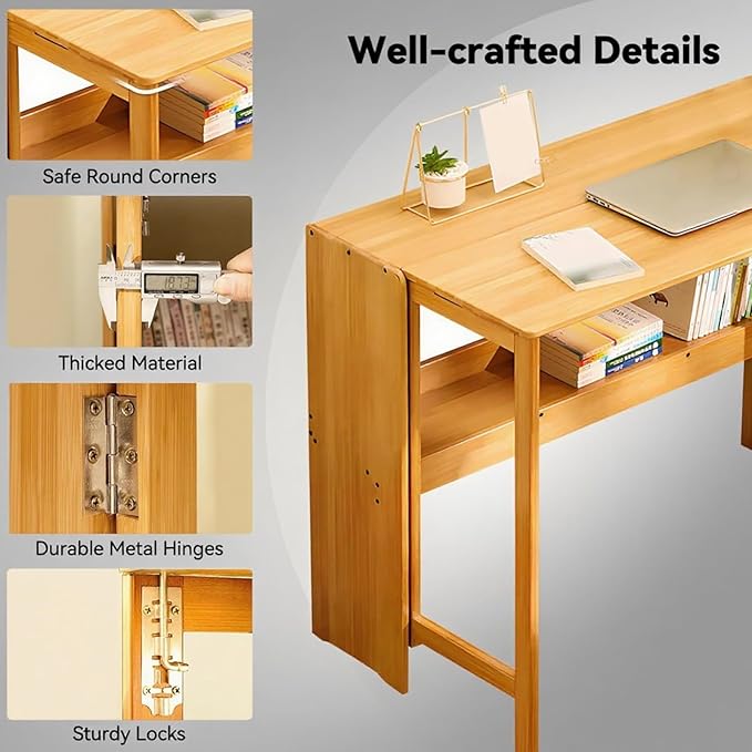 41'' Bamboo Folding Desk with Bookshelf – Space-Saving Computer Desk for Small Spaces Foldable Study Table Mid Century Modern for Home Office &amp Bedroom - Primary Color