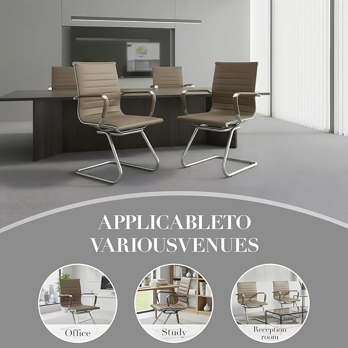 CIMOTA Waiting Room Chairs Leather Office Guest Chair Mid Back Reception Chairs with Sled Base for Meeting/Patient/Conference Room Light Brown Set of 2