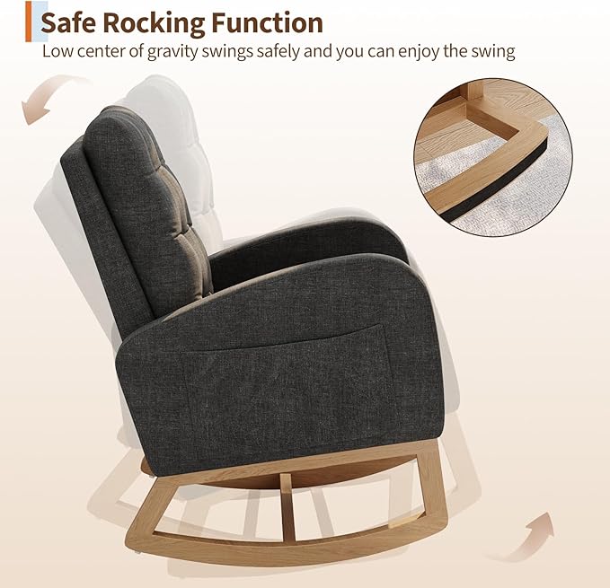 GarveeHome Nursery Rocking Chair Linen Fabric Upholstery Sturdy Wooden Legs &amp High Backrest Comfortable Glider Rocking Chair for Living Room or Bedroom Dark Grey