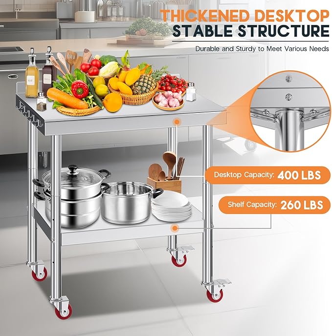 Jocisland 24 x 36 Stainless Steel Table for Prep &amp Work with Backsplash and Wheels NSF Certified with Adjustable Under Shelf &amp Safe Design for Restaurant Home Outdoor