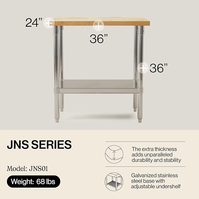 John Boos Maple Wood Top Work Table 36”x24”x36” – 1.5” Thick Tabletop 68-lb Kitchen Station with Wooden Edge-Grain Table &amp Steel Base &amp Adjustable Shelf