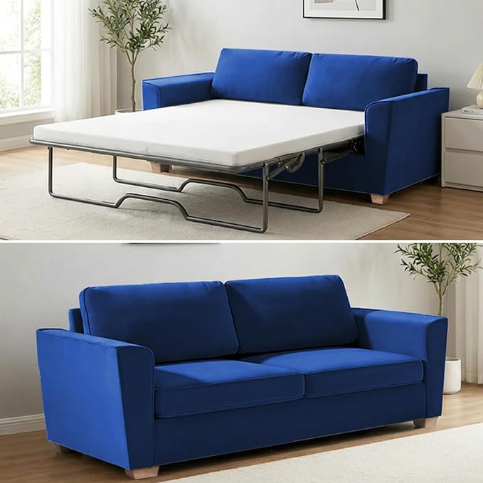 Mjkone 71 Width Full Size Pull Out Sofa Bed Sleeper Couch with Pillows and Folding Mattress 2 in 1 Velvet Loveseat Sleeper Sofa with Pull Out Couch Beds for Home Living Room Small Spaces Blue