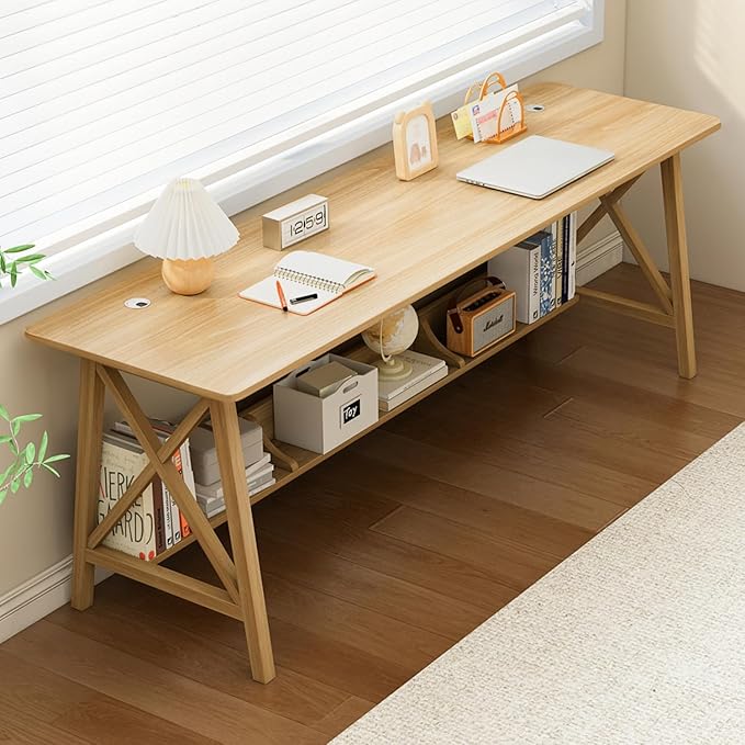 Extra Long Desk with Bookshelf - Wooden Home Office Work Study Table 2-Person Writing Computer Workstation with Storage Shelf in Oak 71 Wx20 Dx30 H