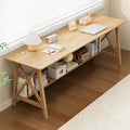 Extra Long Desk with Bookshelf - Wooden Home Office Work Study Table 2-Person Writing Computer Workstation with Storage Shelf in Oak 71 Wx20 Dx30 H