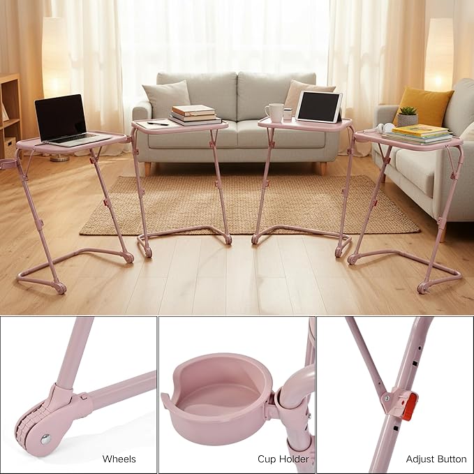 Homy Casa Adjustable Z Shaped Study Desk with Cup Holder Space Saving Portable Laptop Foldable Table for Home Office Living Room &amp Bedroom Sturdy Metal Frame &amp PP Top Black (4PCS-Pink)