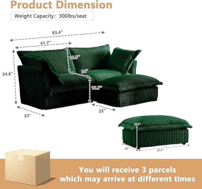 Aoowow Oversized Modular Sectional Sofa with Movable Ottoman83.4” L-Shaped Comfy 2-Seat Sofa Couch Upholstered Deep Seat Couches with Big Toss Pillows for Living Room Apartment OfficeGreen-Corduroy