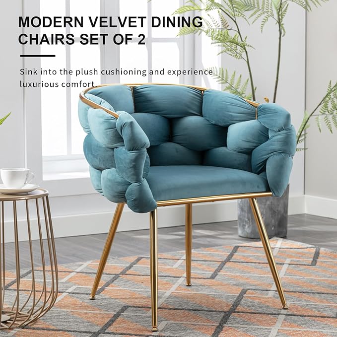 NIOIIKIT Modern Velvet Dining Chair Hand Weaving Upholstered Vanity Chair with Gold Metal Legs Leisure Single Sofa Armchair Comfy Accent Chair for Living Room Bedroom (BU1)
