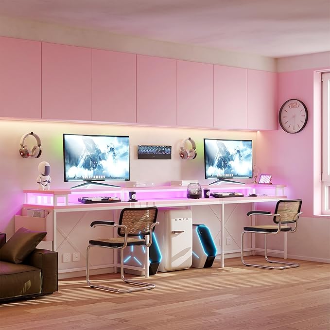 U Shaped Gaming Desk 79 Reversible U Shaped Desk with Power Outlets LED Lights Monitor Stand &amp Storage Shelves Corner Office Desk for Home Office Gaming Workstation (Pink)