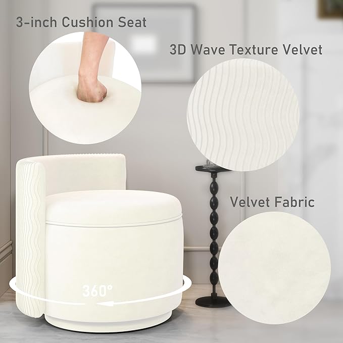 360° Swivel Accent Chair with Storage Vanity Stool with Back Velvet Storage Ottoman Upholstered Round Barrel Vanity Chair for Living Room Makeup Room Bedroom (Off White)