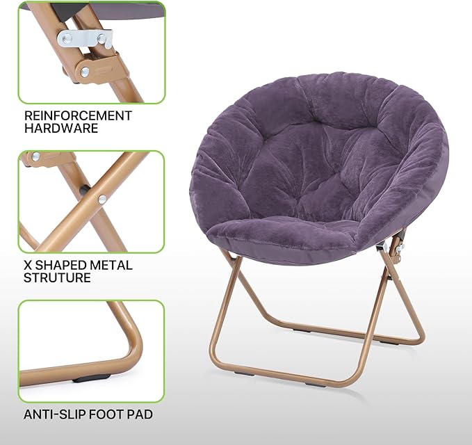 Magshion Folding Saucer Chair for Adults with Ottoman Circle Reading Chair for Bedroom Living Room &amp Dorm Furry Comfy Accent Seat with Metal Leg &amp Thick Padded for Small Spaces (Purple 2 P
