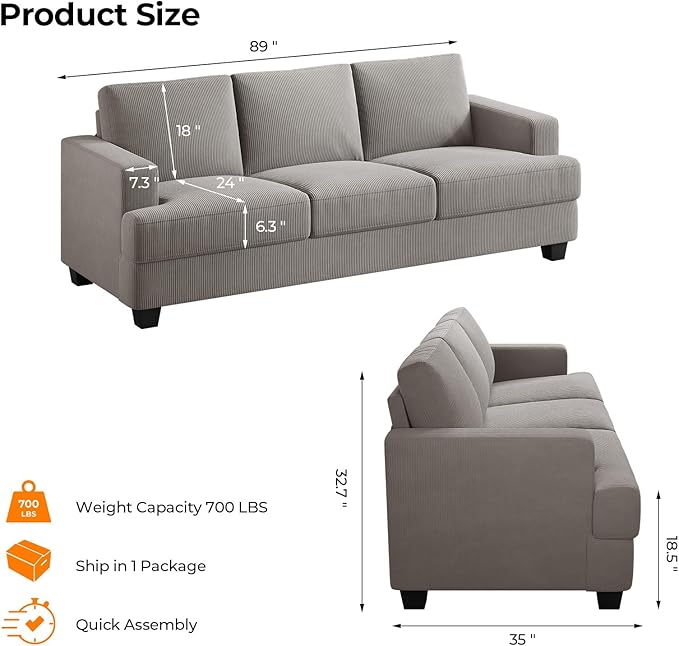 Fadware Sofa Couch 3 Seater Sofa with Suppleness Armrests Fabric Deep Seat Sofa with Upholstered Cushion&amp Backrests Modern Comfy Couch for Living Room Apartment