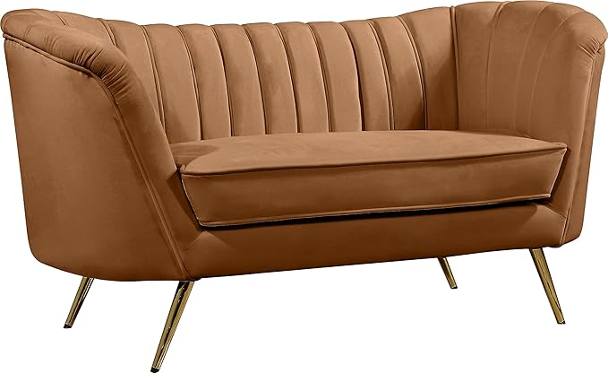 Meridian Furniture 622Saddle-L Margo Collection Modern Contemporary Velvet Upholstered Loveseat with Stainless Steel Base in a Rich Gold Finish Saddle 65 W x 30 D x 33 H