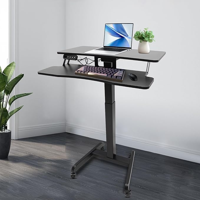Electric Height Adjustable Standing DeskMobile Standing Desk with Wheels and Keyboard TrayComputer Workstation for Home OfficeBlack