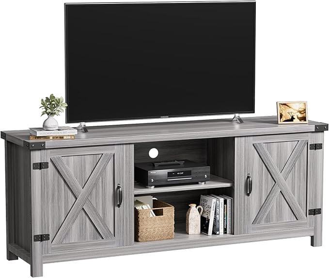 YESHOMY Modern Farmhouse TV Stand with Two Barn Doors and Storage Cabinets for Televisions up to 65+ Inch Entertainment Center Console Table Media Furniture for Living Room 58 Inch Gray Wash