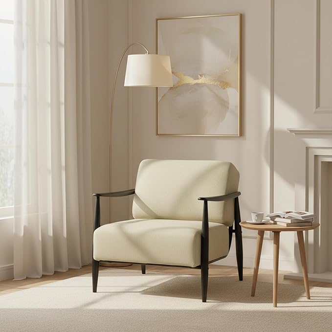Homy Casa Mid-Century Modern Accent Chair with Fabric Upholstery Solid Wood Armrests and Sturdy Metal Frame Comfy Lounge Chair for Living Room Bedroom Reading Corner or Office – Beige/Walnut