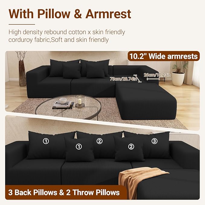 Cloud Modular Sectional Sofa for Living Room L Shaped Sectional Couch with Deep Seat Corduroy Boneless Couch with Ottoman 3-Seater Sleep Bed Black