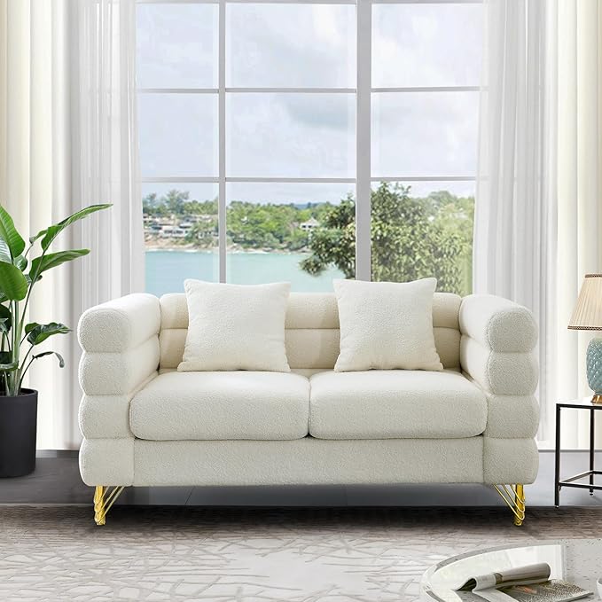 Antetek 60-inch Couches for Living Room Modern Teddy Fabric Upholstered Loveseat Sofa Couch with Square Arm and 4 Golden Metal Legs for Living Room Office Apartment White