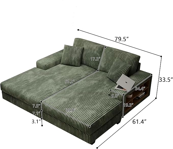 79.5 Oversized Corduroy Modular 2-Seat Sectional Couch with Extra-Wide Armrest Storage and Double Chaise Lounge Modern Convertible Sleeper Sofa for Living RoomGreen