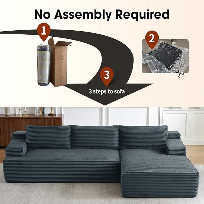 L-Shaped Boneless Couches for Living Room - 96 Cloud Modular Sectional Sofa Chaise Fluffy Comfy Couch with Deep Seat No Assembly RequiredDark Grey
