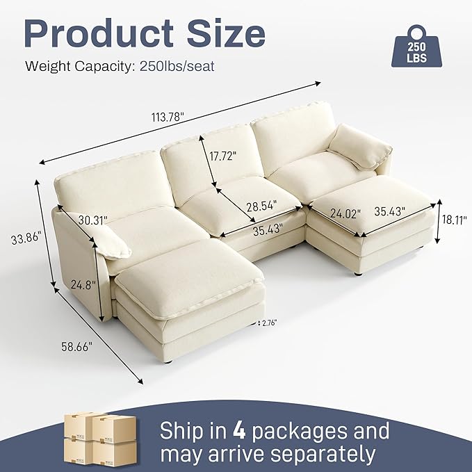 Cloud Couch Modular Sectional Sofa 114 U Shape Comfy Sectional Couches for Living Room 3 Seater Modern Chenille Deep Seat Cloud Sofa with 2 Ottoman and Memory Foam White
