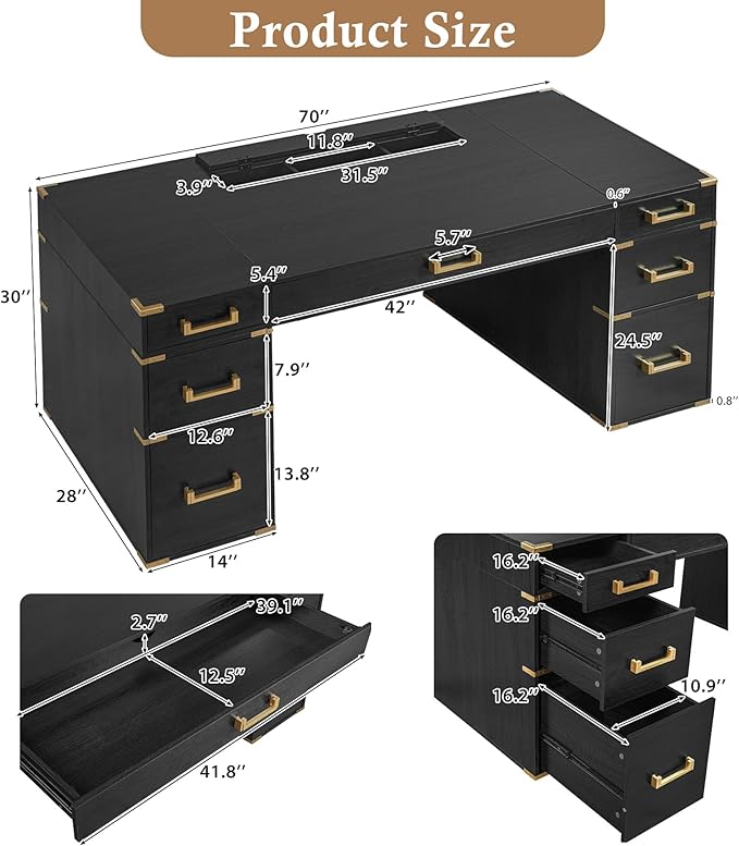 Merax 70 Extra-Large Classic and Traditional Executive Desk with Metal Edge TrimWriting Desk with 2 File DrawersUSB Ports and Outlets Living RoomHome OfficeStudy Room.(Black+Gold)