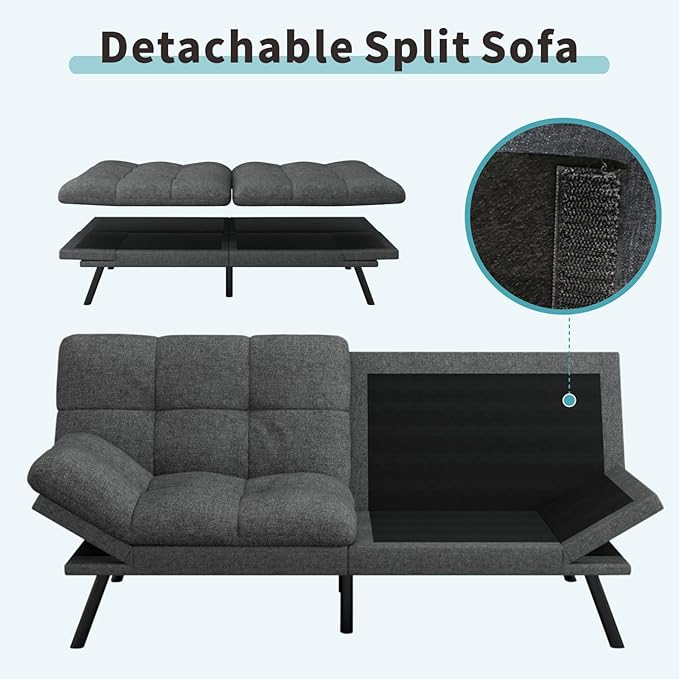 MUUEGM 71 Futon Sofa Bed Comfortable Memory Foam Futons Sofa with Adjustable Backrest &amp Armrests Convertible Loveseat Futon Bed for Compact Living Room Apartment Office Medium Grey