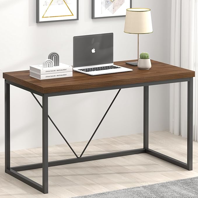 FOLUBAN Modern Office Desk Rustic Wood and Metal Computer Desks Industrial Study Writing Table Simple Work Gaming PC Desk for Bedroom Living Room Walnut 47 Inch
