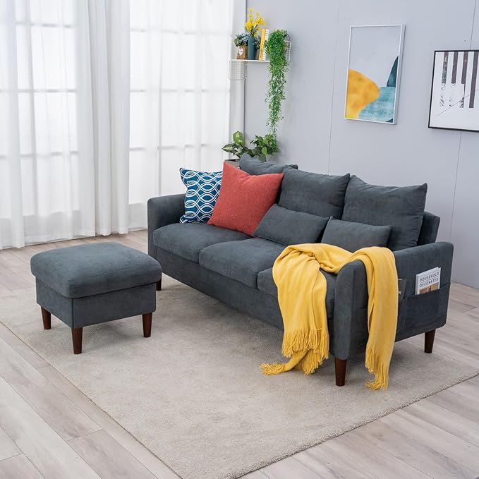 Panana Convertible Sectional Sofa CouchL-Shaped 2 or 3-Seat Sofa Sectional with Reversible Ottoman for Small Living Room Apartment (Gray Linen Fabric 3 Seater with Ottoman - Curved arms)