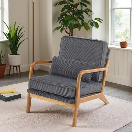 VINGLI Upgraded Premium Corduroy Accent ChairUpholstered Arm ChairSolid Wood Comfy Reading Chair with Lumbar Pillow Mid Century Modern Chairs for Living RoomBedroomDark Grey