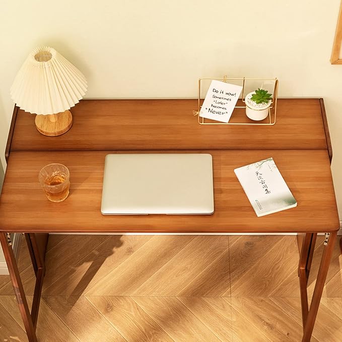 Modern Folding Computer Desk Walnut Bamboo 31 Inch Space Saving 1 Shelf