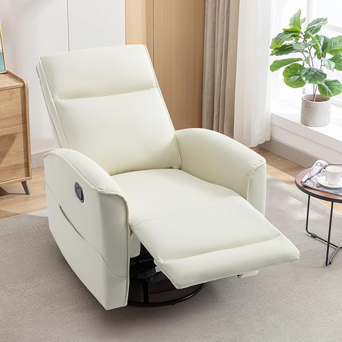 CANMOV Rocker Recliner Chair360°Swivel Nursery Glider ReclinerManual Recliner Sofa with Padded Armrest and BackrestLeather Recliner for Small SpacesLiving RoomBedroom (White)
