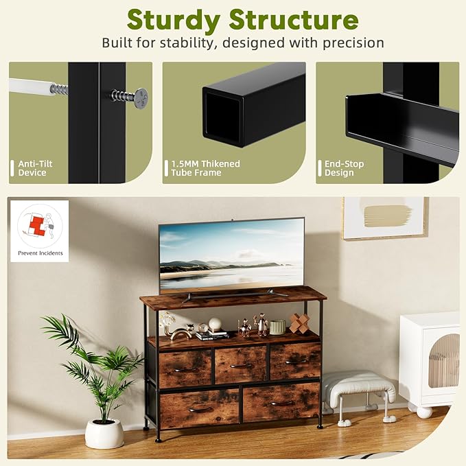 Simple Deluxe TV Stand Dresser for Bedroom Entertainment Center with 5 Fabric Drawers Storage Organizers Units for Living Room Media Console Table with Open Shelf up for 45 TV Rust Wood top