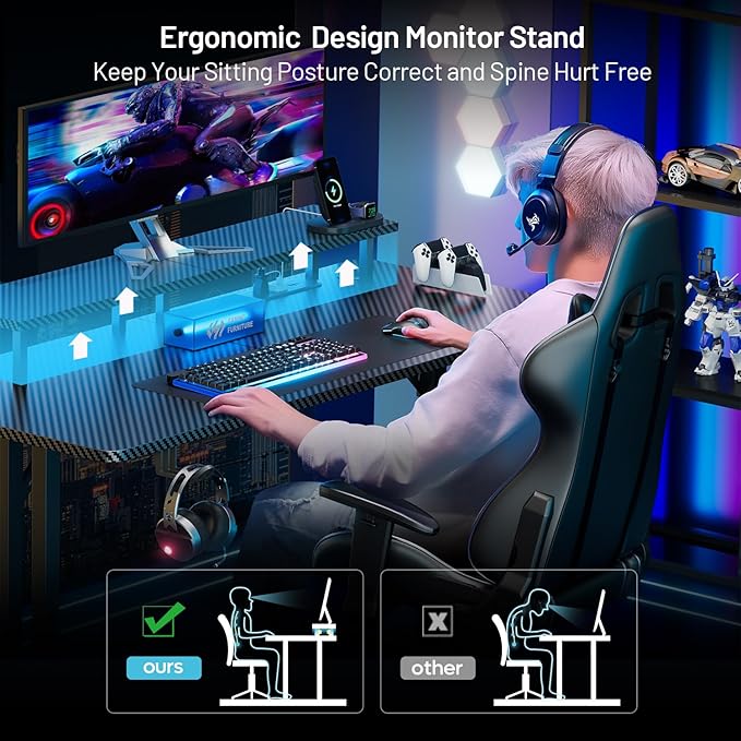 HLDIRECT 63 Inch Gaming Desk with 5 Sockets &amp LED Lights Computer Gamer Desk with Monitor Stand Ergonomic Carbon Fiber Gaming Table Home Office Desk with Cup Holder Headphone Hook &amp Mouse P