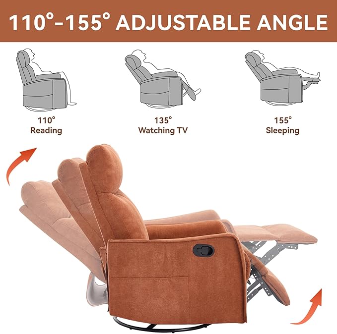 Heated Massage Recliner Chairs for Adults Swivel Rocking Chair Recliner with High Back Small Recliner Chair for Small Spaces Manual Lazy Boy Recliners for Living Room Pockets Fabric (Orange)