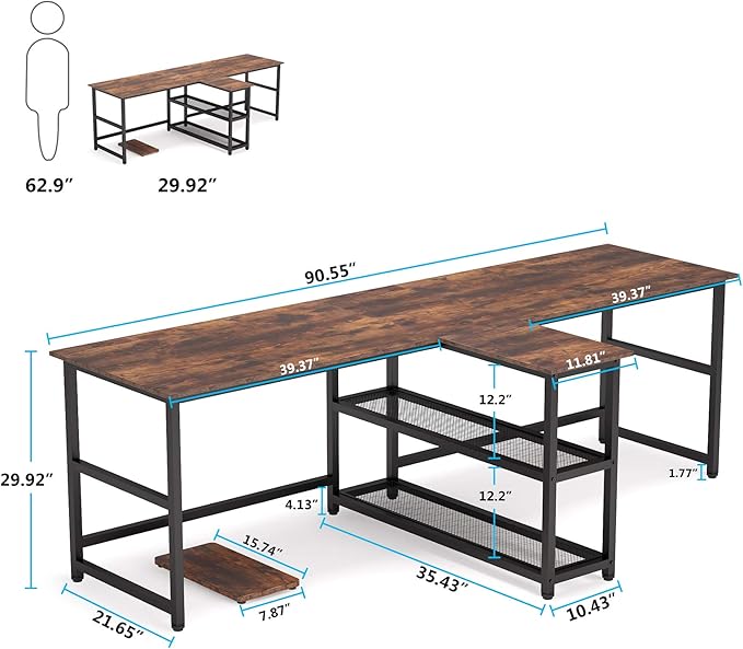 Tribesigns 90.5 inch Computer Desk Extra Long Two Person Desk with Storage Shelves Double Workstation Office Desk Study Writing Desk for Home Office (Brown 90.5x21.7 in)