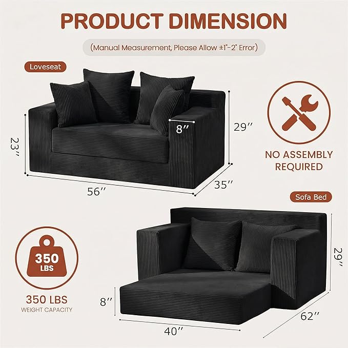 5 in 1 Convertible Sofa BedSmall Boneless Couch Pull Out Loveseat Sleeper SofaCorduroy Futon Couch Folding Mattress with 4 Pillows for Living Room Bedroom Lounge (No Assembly)
