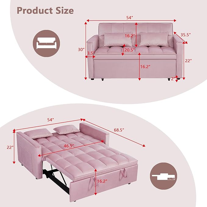 54 Convertible Sofa Bed Velvet Sleeper Sofa with Pull-Out Bed 3-in-1 Futon Couch with Reclining Backrest and Side Pocket Modern Loveseat for Living Room (Pink)