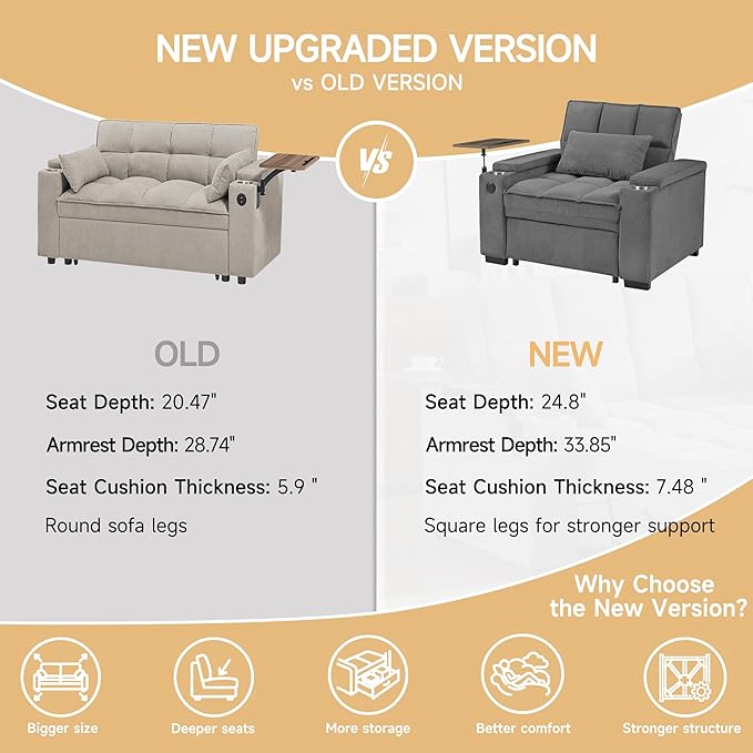 Large Size Convertible Sleeper Chair Futon Sofa Bed Comfortable thick cushion Single Sleeper Sofa Handheld storage and Adjustable Backrest | Reading Chair with Rotating small table (dark gray)
