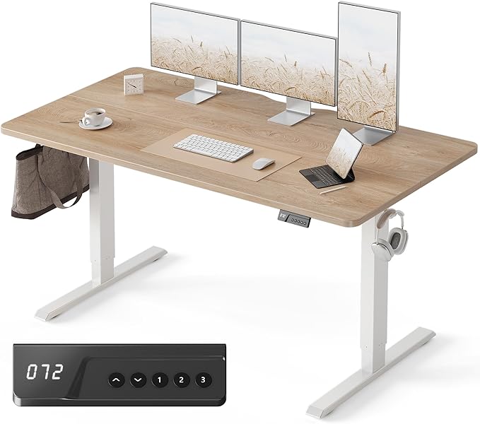 FEZIBO Standing Desk 55×28 Inches Electric Height Adjustable Sit Stand Up Table Computer Office Desk with Splice Board While Frame/Maple TOP