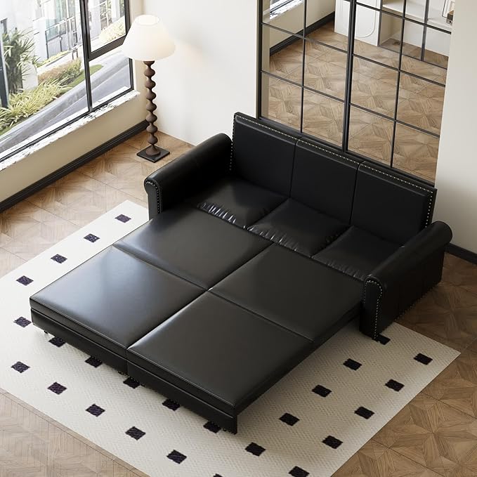93.7 King Pull Out Sofa Bed Faux Leather Sleeper Sofa Couch 3 in 1 Convertible Futon Couches for Living Room Small Space Apartment Office Bedroom Modern Rivet Armrest Black