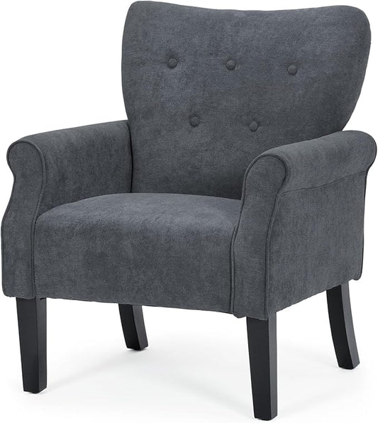 Athena Collection Mid Century Modern Chair for Living Room Upholstered Wingback Reading Chair for Adults Comfy Linen Fabric Armchair with Wooden Legs for Bedroom Dorm Balcony Grey