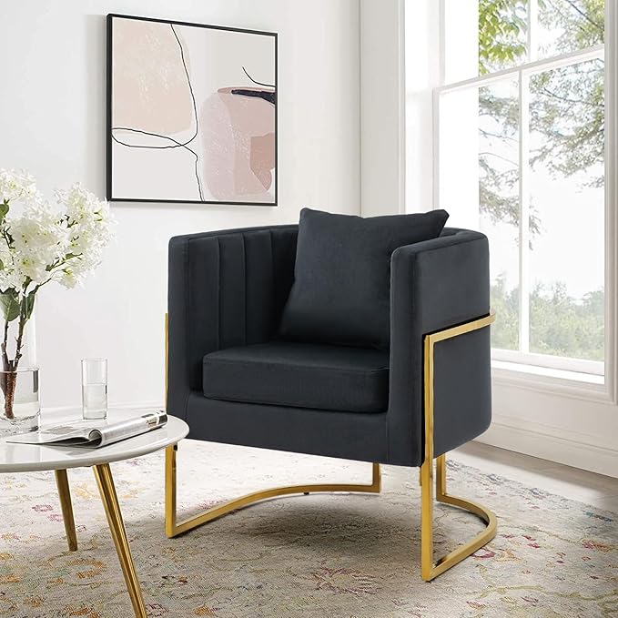 X-VOLSPORT Velvet Accent Chair in Black Modern Barrel Arm Chair for Living Room/Bedroom/Guest Reception Upholstered Club Armchair with Pillow &amp Gold Base