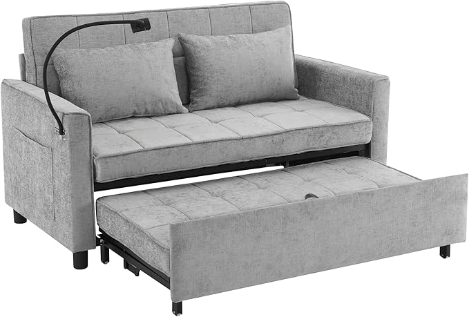 56.9 Loveseat Pull-Out Sofa Bed Chenille Sleeper Sofa Couch with a Reversible Backrest Cushion Side Pockets Two USB Ports and a Phone Holder for Living Room (Grey1)