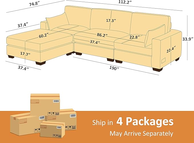 VANOMi Large Modular Sectional Sofa Oversized Couch with Charging Station Cloud Couch Deep Seat Sofa with Thick Cushion Convertible Sectional Couches for Living Room Office Apartment