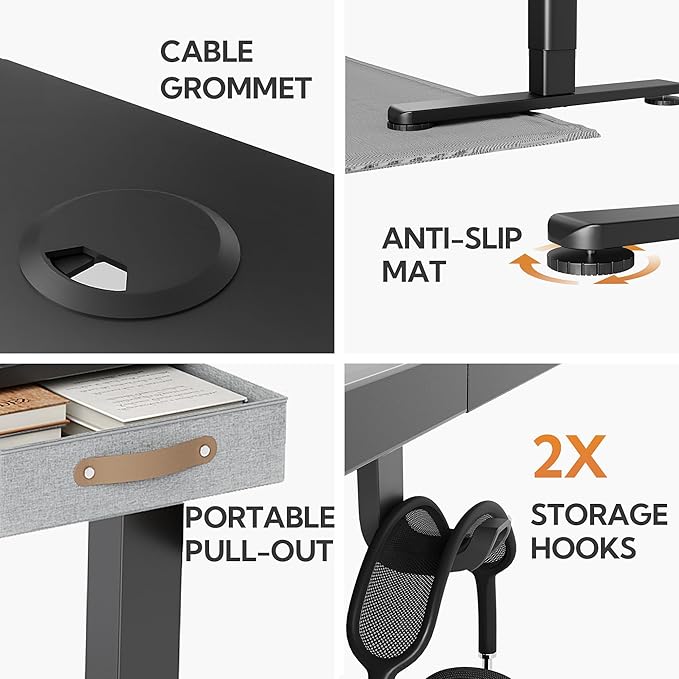 Seang Standing Desk with Drawer 48 x 24 Height Adjustable Stand Up Desk 3 Memory Height Settings with Cable Grommets &amp Storage Hooks Ideal for Home &amp Office Black